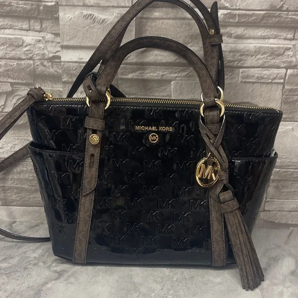 Michael Kors Sullivan Patent Leather Black and Brown Satchel Crossbody & Wallet - Picture 6 of 14